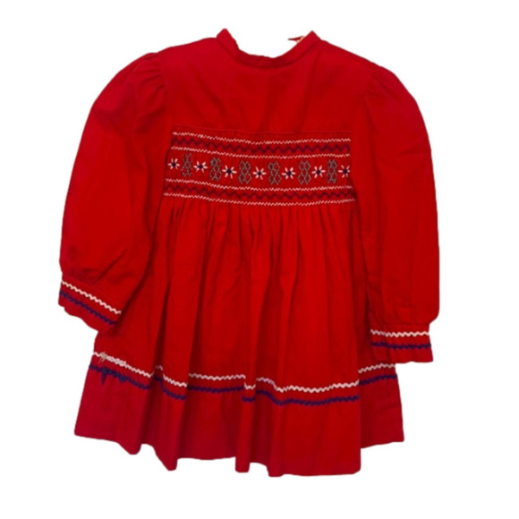 VINTAGE Red Rick Rack Embroidered Smocked Toddler Holiday Dress - Picture 1 of 7